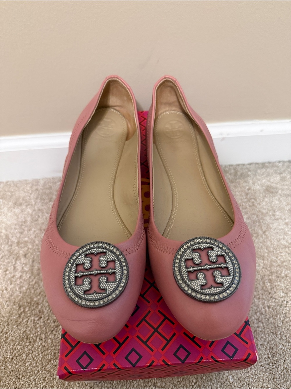 Tory Burch Pink Leather Logo Round-Toe Ballet Flats